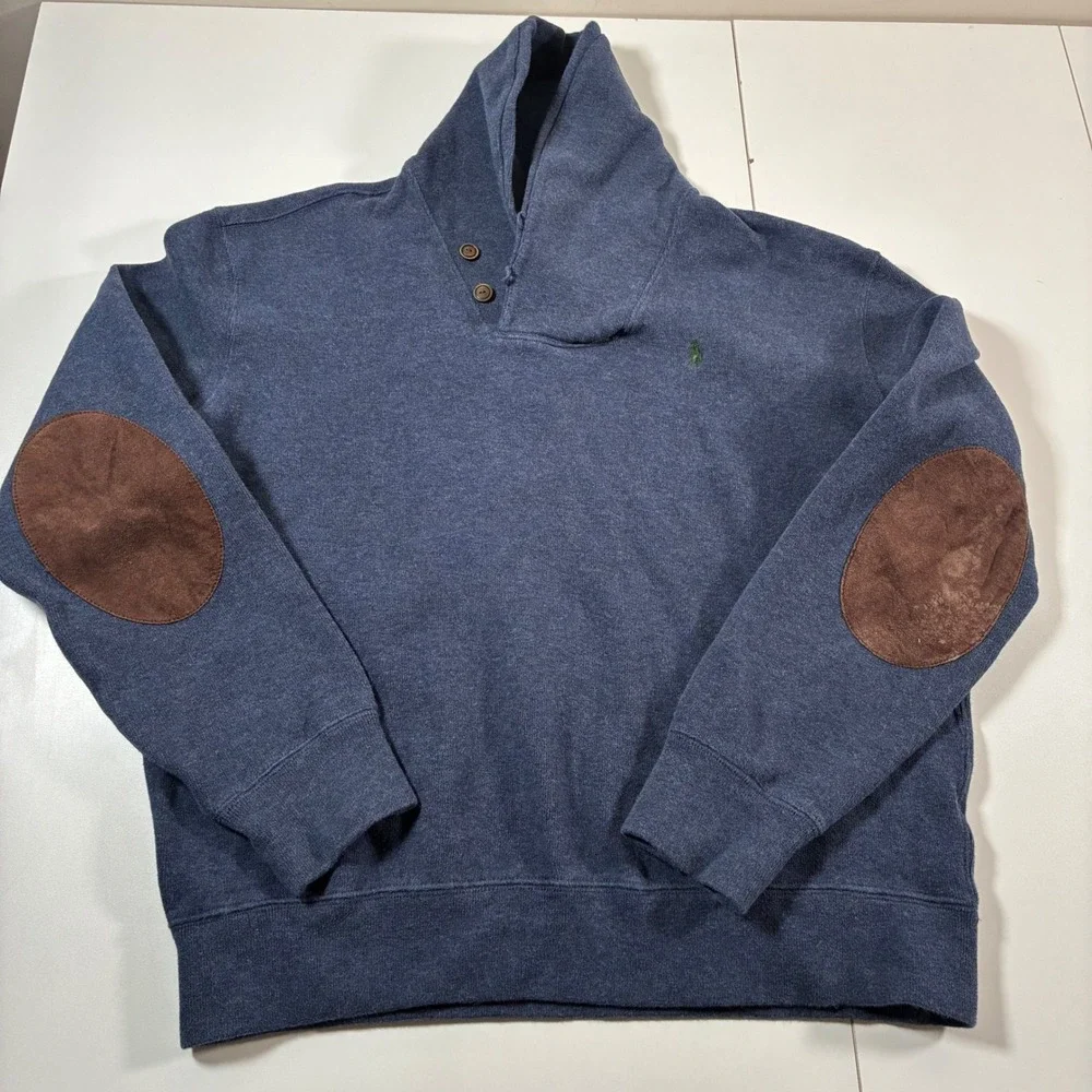 Polo Ralph Lauren Shawl Collar Sweatshirt Large Blue Elbow Patches 90s Y2K